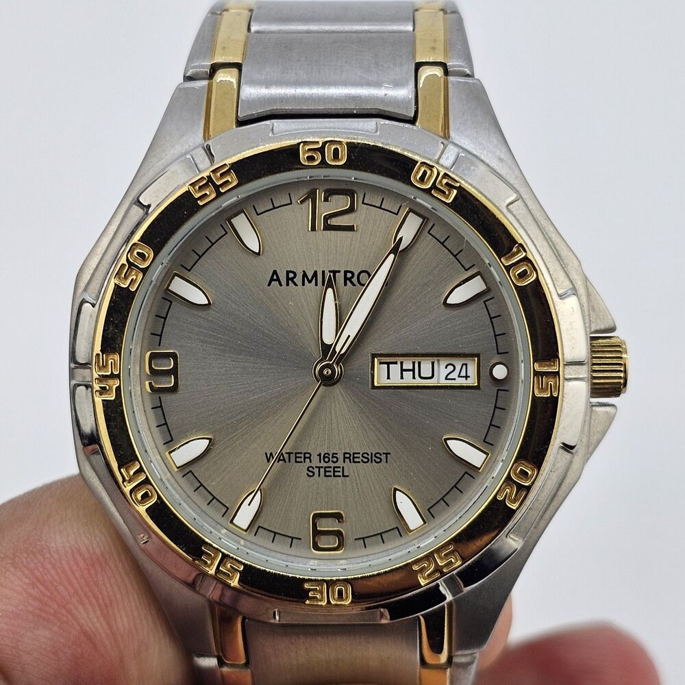 VTG Armitron Men's Watch 37MM Silver Dial Day/Date Two Tone Band 6" New Battery‎